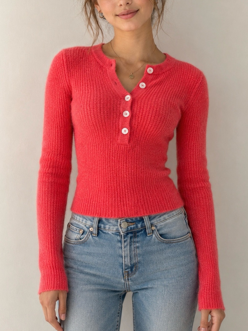White + Warren 100% Cashmere Waffle Knit Henley Sweater Coral Pink XS/XXS